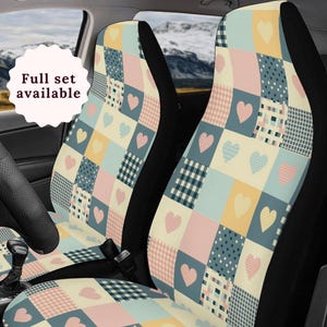Blue Heart Patchwork Car Seat Cover Gingham Steering Wheel Cover Pink Blue Yellow Cute Car Seat Covers Preppy Plaid Boho Car Seat Covers