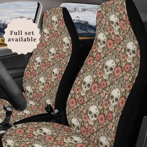 Gothic Skull Car Seat Cover Goth Floral Steering Wheel Cover For Women Cute Car Seat Covers Dark Coquette Car Sun Shade Whimsigoth Car Decor