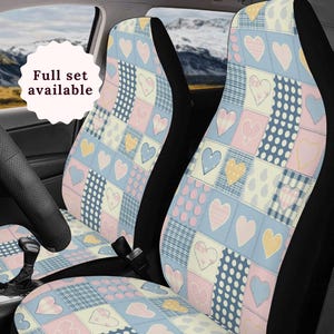 Blue Heart Patchwork Car Seat Cover Steering Wheel Cover Pink Blue Yellow Cute Car Seat Covers Polka Dot Preppy Plaid Boho Car Seat Covers