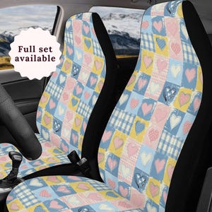 Blue Heart Patchwork Car Seat Cover Steering Wheel Cover Pink Blue Yellow Cute Car Seat Covers Polka Dot Preppy Plaid Boho Car Seat Covers