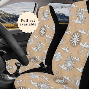 Mystical Sun Moon Beige Car Seat Cover Steering Wheel Cover Cute Car Accessories Interior Car Accessories Women Boho Hippie Witchy Vehicle