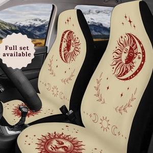 Mystical Sun Moon Beige Car Seat Cover Steering Wheel Cover Cute Car Accessories Interior Car Accessories Women Boho Hippie Witchy Vehicle