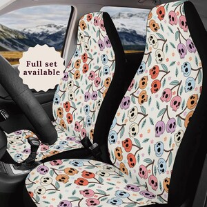 Cherry Skull Car Seat Cover Steering Wheel Cover For Women New Driver Gift Cute Car Seat Covers Dark Coquette Car Sun Shade Pastel Goth