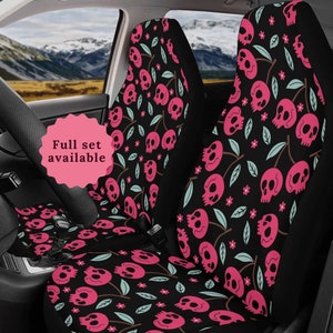 Cherry Skull Car Seat Cover Steering Wheel Cover For Women New Driver Gift Cute Car Seat Covers Dark Coquette Car Sun Shade Pink And Black