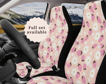 Strawberry Car Seat Cover Pink Steering Wheel Cover For Women Cute Car Accessories Interior Floral Boho Car Seat Covers For Vehicle Full Set