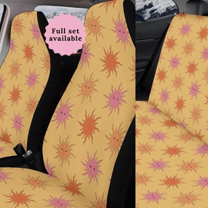 Boho Car Seat Covers Retro Sun Car Accessories For Women Steering Wheel Cover Car Sun Shade Seat Belt Cover Cute Car Decor Yellow Car Seat