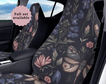 Cottagecore Moth Moon Car Seat Covers Car Accessories For Women Boho Steering Wheel Cover Cute Car Accessories Interior Floral Seat Covers