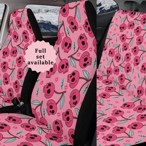 Cherry Skull Car Seat Cover Steering Wheel Cover For Women New Driver Gift Cute Car Seat Covers Dark Coquette Car Sun Shade Pink Pastel Goth