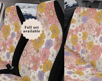 Cottagecore Retro Daisy Car Seat Covers Car Accessories For Women Boho Steering Wheel Cover Cute Car Accessories Interior Floral Seat Covers