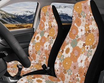Retro Daisy Seat Cover Car Accessories For Women Boho Steering Wheel Cover Cute Car Accessories Interior Floral Car Accessories Women Cute