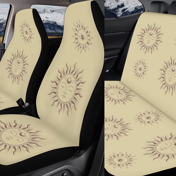 Mystical Sun Beige Car Seat Cover Steering Wheel Cover For Women Cute Car Accessories Interior Car Accessories For Women Boho Hippie Vehicle