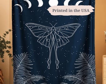 Witchy Luna Moth Blanket Boho Moon Phase Throw Mystical Fern Blanket Celestial Decor Mystic Forest Lunar Forestcore Boho Woodland Throw