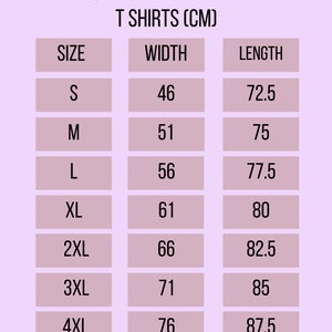 May include: Size chart for t-shirts in centimeters. The chart shows the width and length measurements for sizes S through 5XL.