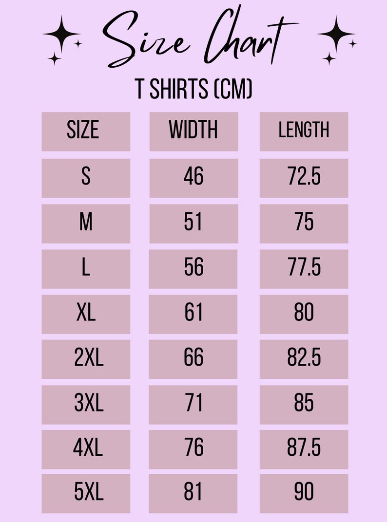 May include: Size chart for t-shirts in centimeters. The chart shows the width and length measurements for sizes S through 5XL.
