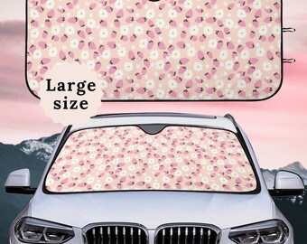 Strawberry Car Sun Shade Pink Steering Wheel Cover For Women Cute Car Accessories Interior Floral Boho Car Seat Covers For Vehicle Full Set