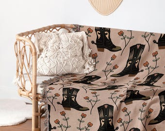 Black Western Boot Woven Blanket Boho Roommate Gift Picnic Blanket Woven Throw Blanket Floral Cowgirl Woven Tapestry Cotton Jacquard Blanket