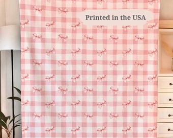 Coquette Gingham Pink Bow Blanket Fleece Blanket Soft Cozy Blanket Sherpa Blanket Pink Check Blanket Teen Girl Room Decor Pastel Aesthetic