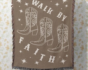 Walk by Faith Woven Blanket Religious Home Decor Picnic Blanket 2nd Anniversary Gift Cowboy Boots Faith Blanket Scripture Blanket Bedspread