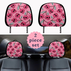Pink Cherry Skull Car Headrest Dark Coquette Car Head Rest Covers Car Interior Accessories Pink And Black Car Decor Pink Goth Zombie Car