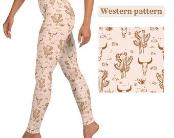 Western Cactus Leggings High Waist Pants Texas Longhorn Leggings Lounge Wear Patterned Leggings Printed Leggings Yoga Pants Women High Rise