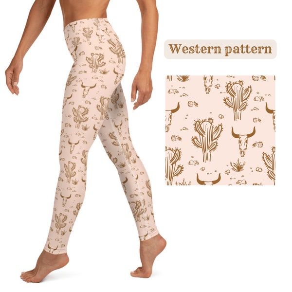 Western Cactus Leggings High Waist Pants Texas Longhorn Leggings Lounge Wear Patterned Leggings Printed Leggings Yoga Pants Women High Rise