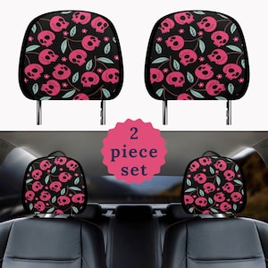 Pink Cherry Skull Car Headrest Dark Coquette Car Head Rest Covers Car Interior Accessories Pink And Black Car Decor Pink Goth Zombie Car