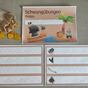 May include: A set of four printable worksheets for practicing handwriting. The worksheets feature a pirate ship, a skull and crossbones, an anchor, and a pirate flag. Each worksheet has a row of circles to trace.