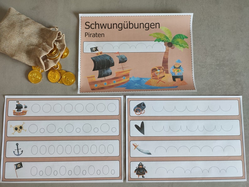 May include: A set of four printable worksheets for practicing handwriting. The worksheets feature a pirate ship, a skull and crossbones, an anchor, and a pirate flag. Each worksheet has a row of circles to trace.