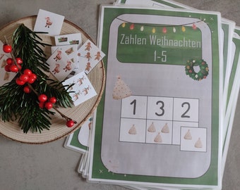 Zählen Weihnachten 1-5, Klettmappe Zählen, Arbeitsblätter Zahlen 1-5, Montessori Material, Vorschule, Kindergarten, Förderschule