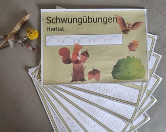 May include: A set of printable worksheets for practicing handwriting skills. The worksheets feature a squirrel, an owl, and acorns. The title of the worksheets is "Schwungübungen Herbst".