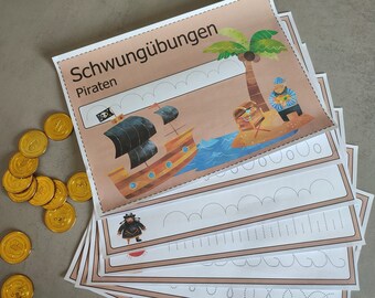 May include: A set of printable worksheets for kids to practice their handwriting. The worksheets feature a pirate ship, a palm tree, and a treasure chest. The text on the top of the worksheet says "Schwungübungen Piraten".