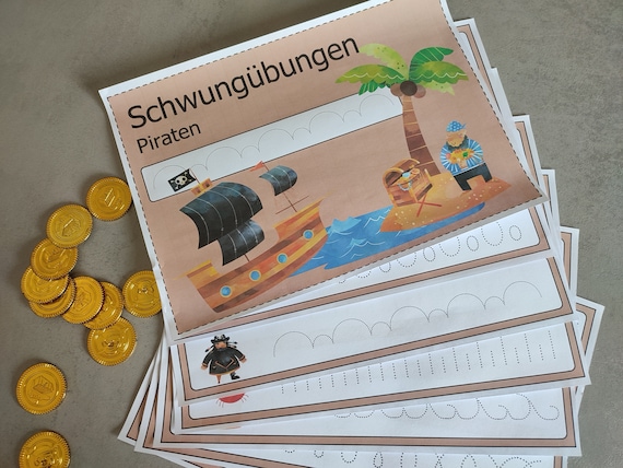 Schwungübungen PIRATEN, Nachspurübungen, Nachspuren, Schreibübungen, Vorschule, Montessori Kindergarten, PDF- Download