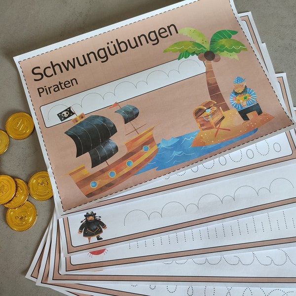 Schwungübungen PIRATEN, Nachspurübungen, Nachspuren, Schreibübungen, Vorschule, Montessori Kindergarten, PDF- Download