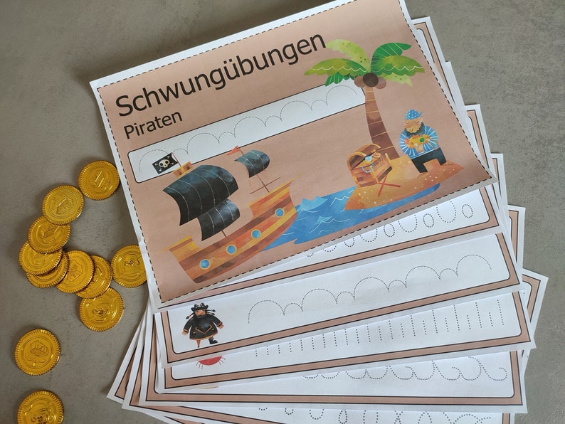 May include: A set of printable worksheets for kids to practice their handwriting. The worksheets feature a pirate ship, a palm tree, and a treasure chest. The text on the top of the worksheet says "Schwung&uuml;bungen Piraten".