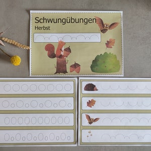 May include: Four worksheets with dotted lines for tracing. The top worksheet has a squirrel, acorns, and the text "Schwung&uuml;bungen Herbst". The other worksheets have a fox, a leaf, a squirrel, a mushroom, a hedgehog, a bat, and a flower.