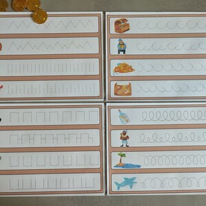 May include: Five printable worksheets with dotted lines for tracing. Each worksheet features a pirate-themed illustration, including a parrot, a treasure chest, a bottle, a pirate, and a shark.
