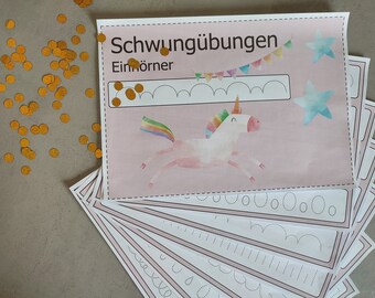 May include: A set of pink and white tracing worksheets featuring a unicorn with a rainbow mane and tail. The worksheets have dotted lines for tracing and the text "Schwungübungen Einhörner" at the top.