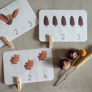 Zahlen lernen 1-10 Klammerkarten Herbst, Montessori, PDF Download, Zahlen und Mengen Kindergarten, Vorschule, Grundschule