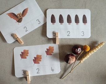 Learning Numbers 1-10 Clip Cards Autumn, Montessori, PDF Download, Numbers and Quantities Kindergarten, Preschool, Elementary School