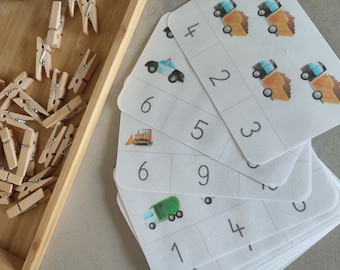 Learn numbers 1-10 clip cards vehicles, flash cards 1-10, learn to count, Montessori numbers and quantities