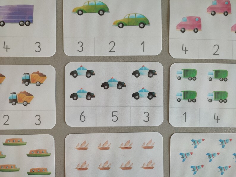 Aprenda los números del 1 al 10, tarjetas con clip, vehículos, tarjetas ...