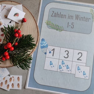 Counting in winter 1-5, Velcro counting folder, worksheets numbers 1-5, Montessori material, preschool, kindergarten, special school