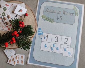 Zählen im Winter 1-5, Klettmappe Zählen, Arbeitsblätter Zahlen 1-5, Montessori Material, Vorschule, Kindergarten, Förderschule
