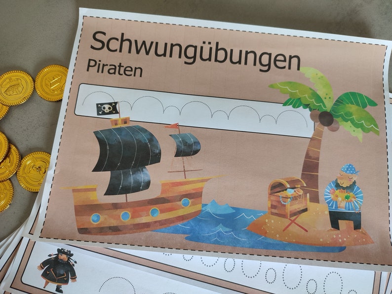 May include: A worksheet with the title "Schwung&uuml;bungen Piraten" featuring a pirate ship, a palm tree, a treasure chest, and a pirate holding a treasure chest. The worksheet has dotted lines for tracing.