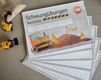 May include: A set of six worksheets for practicing handwriting skills. The worksheets feature a yellow bulldozer and a construction site with a stop sign. The text on the top of the worksheet says "Schwungübungen Baustelle".