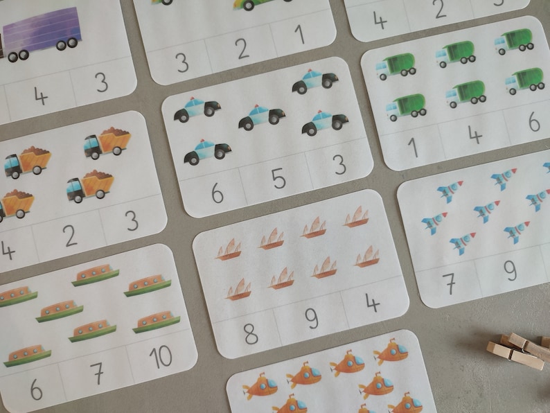 Aprenda los números del 1 al 10, tarjetas con clip, vehículos, tarjetas ...