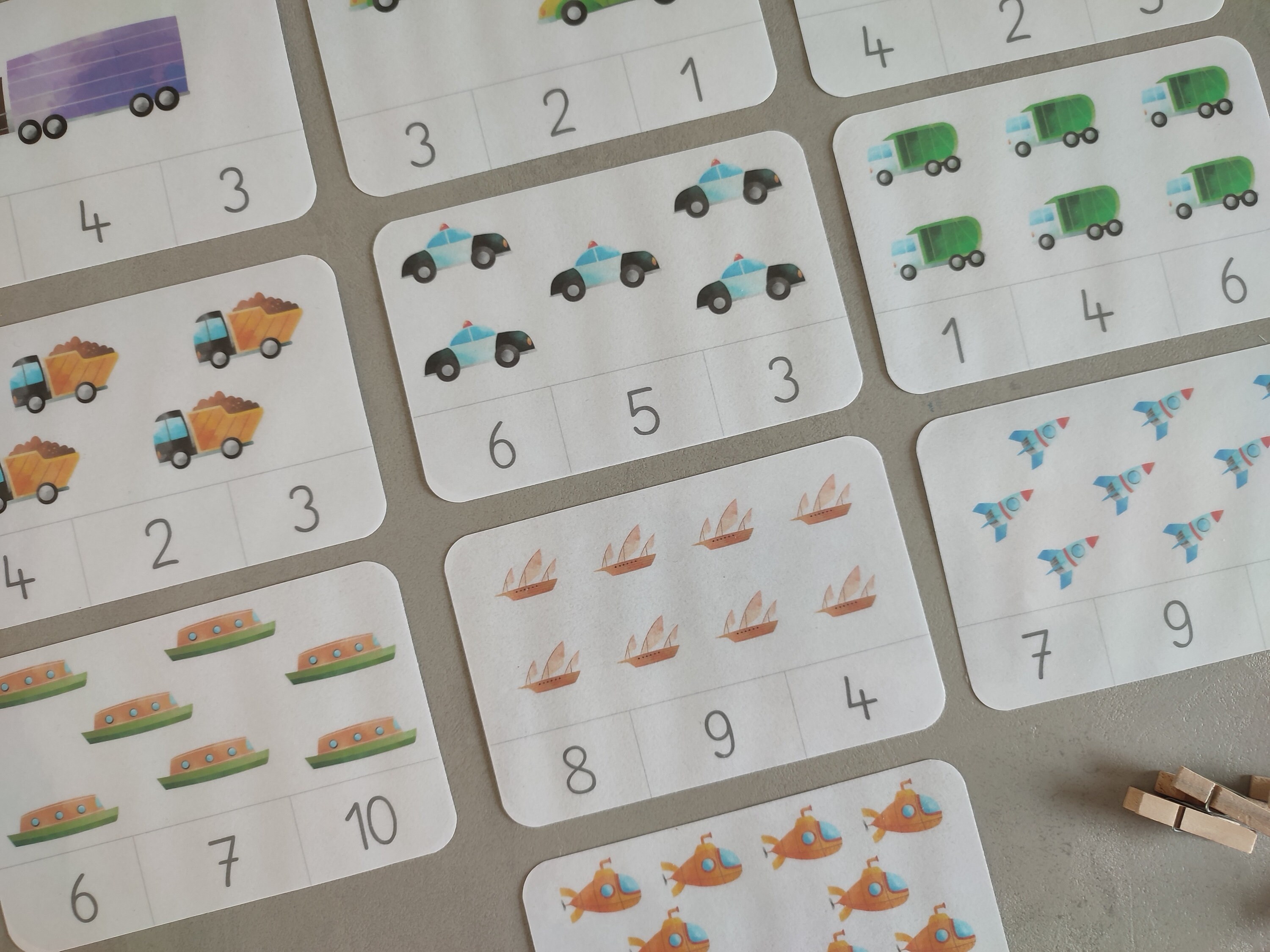 Aprenda los números del 1 al 10, tarjetas con clip, vehículos, tarjetas ...
