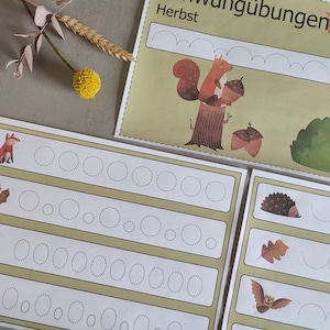 May include: Four worksheets with dotted lines for tracing circles, waves, and other shapes. The worksheets feature illustrations of a squirrel, a fox, a mushroom, a hedgehog, a leaf, and an owl. The text "Herbst" is visible at the top of one of the worksheets.
