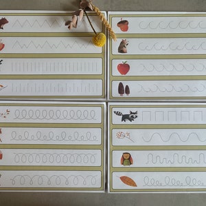 May include: Five white cards with yellow borders and dotted lines for tracing. Each card features a different animal or object, including a bear, a flower, a squirrel, an apple, a mushroom, a deer, a raccoon, an owl, and a leaf. The cards are designed for children to practice tracing lines and shapes.