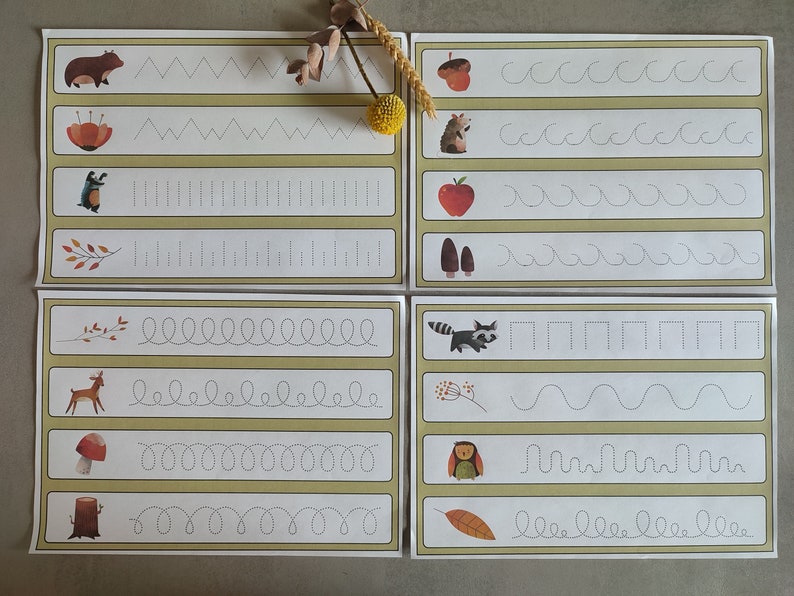 May include: Five white cards with yellow borders and dotted lines for tracing. Each card features a different animal or object, including a bear, a flower, a squirrel, an apple, a mushroom, a deer, a raccoon, an owl, and a leaf. The cards are designed for children to practice tracing lines and shapes.